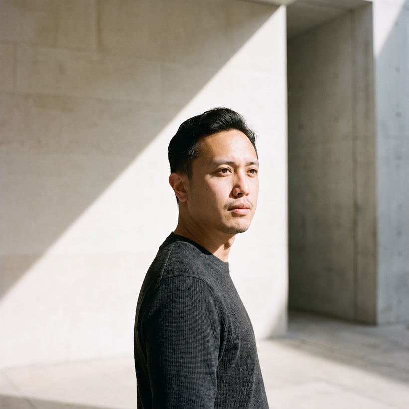 Damien Lê dans une lumière rasante, ombre portée sur un mur de béton clair